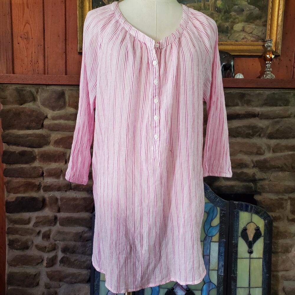 Lane Bryant Pink White Striped Henley Tunic Top 100% Cotton Gauze Blouse 1X / 2X